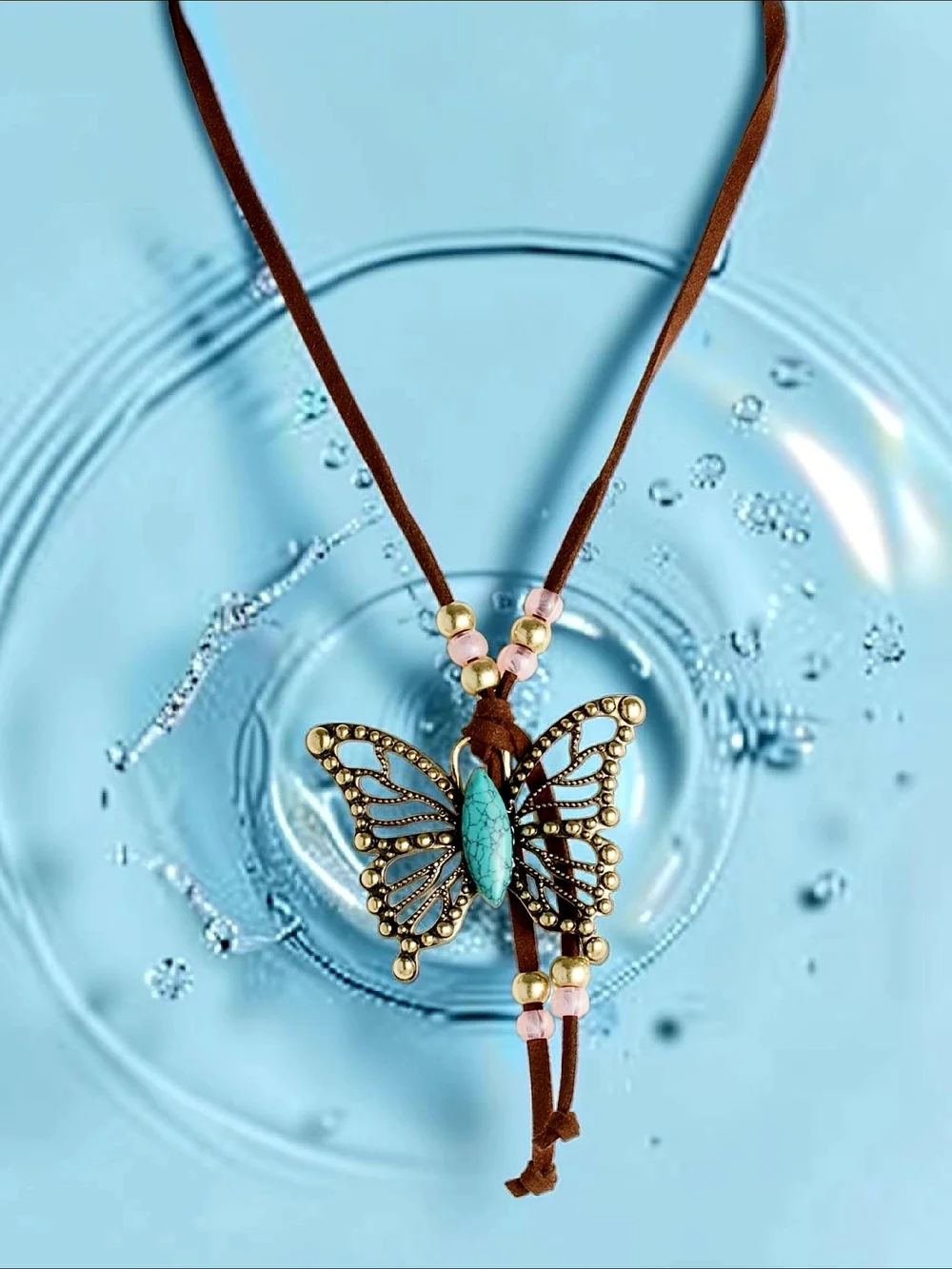 NEW Betsey Johnson Butterfly Boho Necklace Suede Cord Faux Turquoise Stone 16 in
